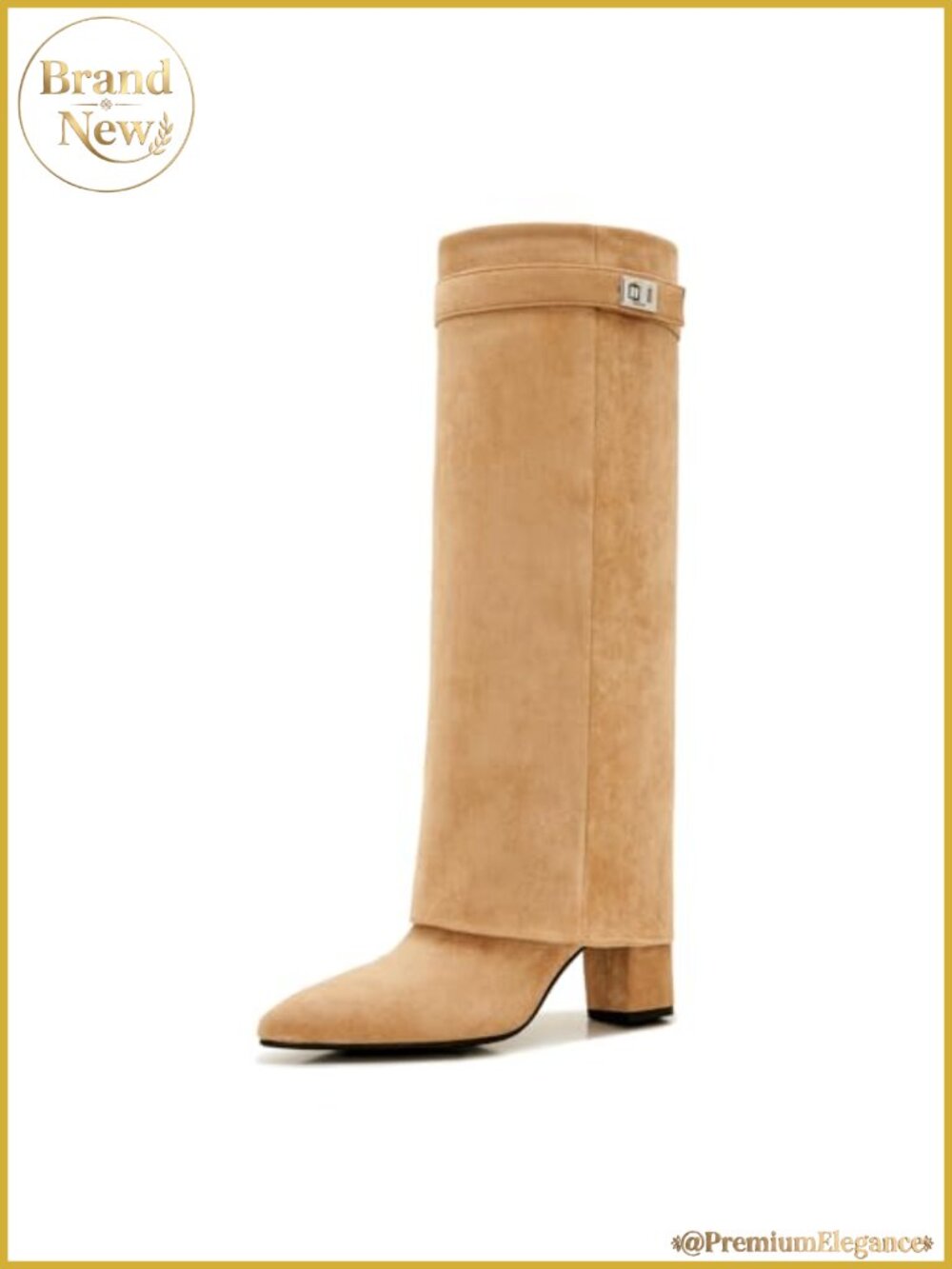 Faux Suede Fold Over Knee High Boots Pointed Toe Block Heel